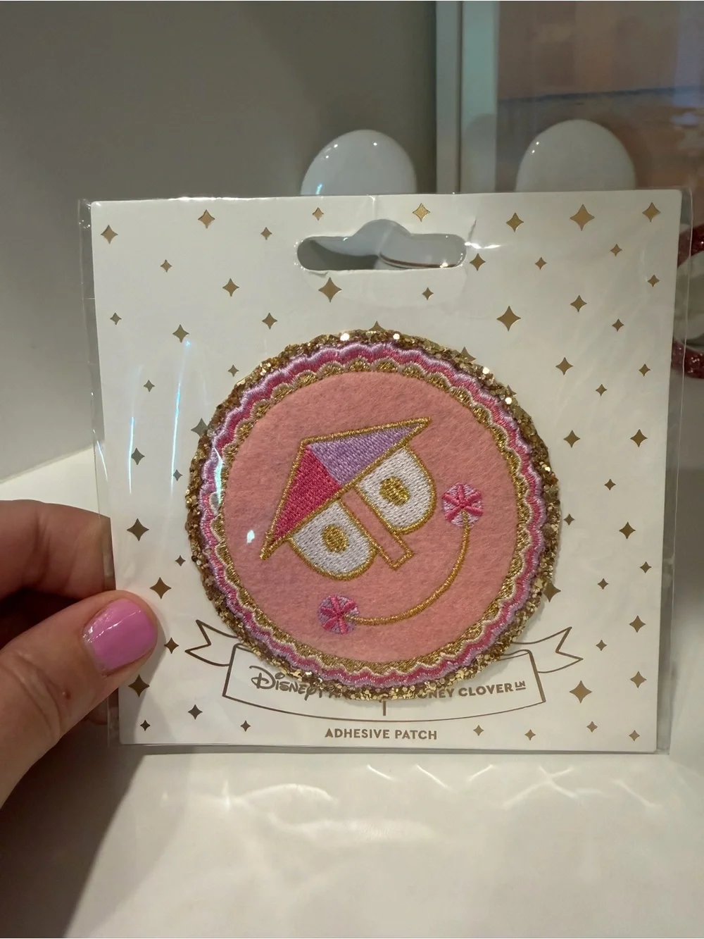 Disney Pink Smiley Face Adhesive Patch with Gold and Purple Trim